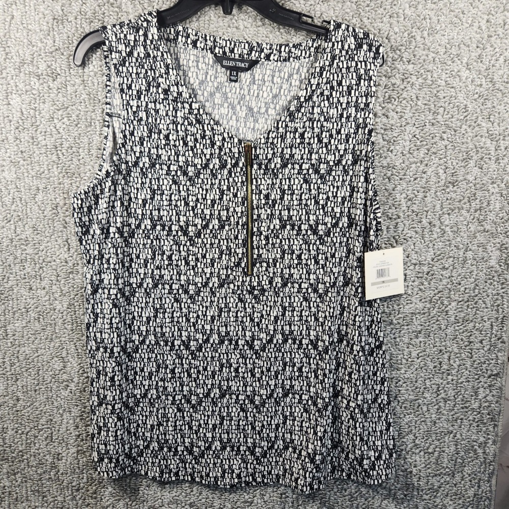 Ellen Tracy Sleeveless Top Black White Abstract Zip Neck Women 1X